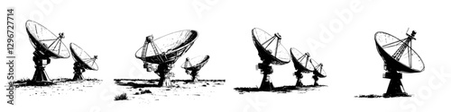 Hand-drawn vector illustration of multiple satellite dishes in a field under a clear sky
