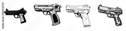 Hand drawn vector illustration of various firearm designs depicting modern weapons on a simple background