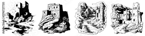 Hand drawn vector sketches of ancient stone structures nestled in rocky landscapes under a cloudy sky
