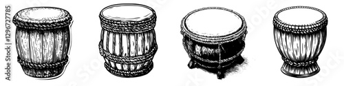 Hand drawn vector illustration of various traditional drums showcasing their unique shapes and textures in rhythmic music culture
