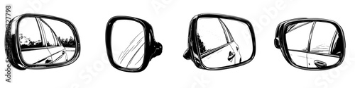 Hand drawn vector illustration of various car side mirrors showing reflections of the road and surroundings