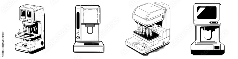 Hand-drawn vector illustration featuring various coffee brewing machines on display Hand-drawn vector illustration featuring various coffee brewing machines on display