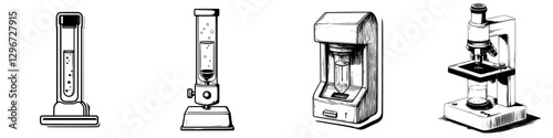 Vector illustration sketch of laboratory equipment including test tubes, beakers, and a microscope