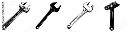 Hand drawn vector illustration of various wrenches showcasing different designs and styles for mechanical work and repair tasks