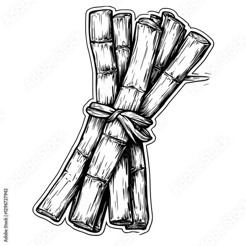 Hand draw vector illustration sketch of bundled sugarcane stalks in natural setting showcasing agricultural craftsmanship