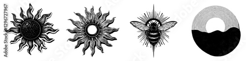 Hand drawn vector illustrations featuring celestial symbols and a bee centered around nature and mysticism in black and white