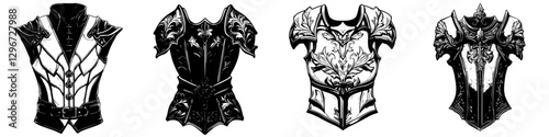 Detailed hand-drawn vector illustrations of various styles of medieval armor featuring intricate designs and unique shapes