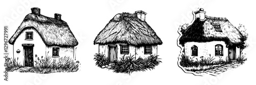 Hand drawn vector illustrations of traditional thatched roof cottages in a pastoral setting