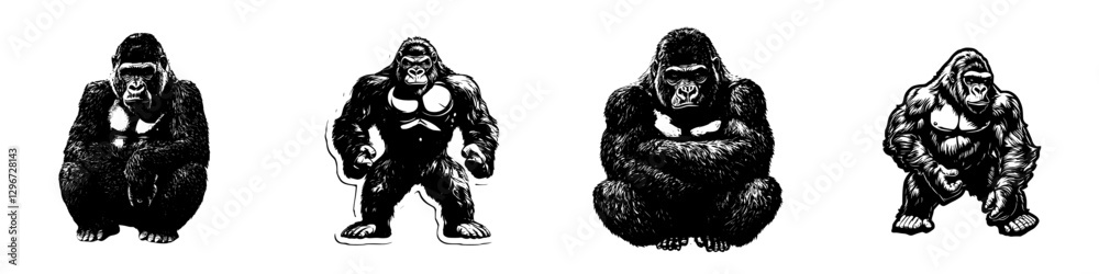 Detailed hand-drawn vector illustrations of various gorilla poses in a black and white sketch style Detailed hand-drawn vector illustrations of various gorilla poses in a black and white sketch style