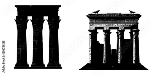 Detailed hand draw vector illustration showcasing ancient Egyptian architecture with columns and hieroglyphics