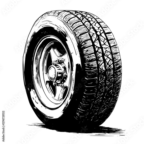 Hand drawn vector illustration of a detailed tire design showcasing its texture and unique features
