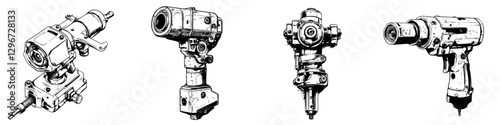 Hand-drawn vector illustration of various drilling tools and instruments in a technical layout