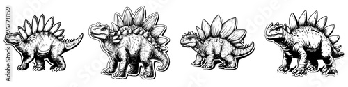 Hand drawn sketch of multiple stegosaurus designs showcasing different features and sizes