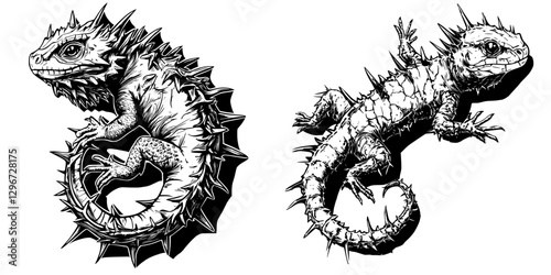 Hand drawn vector illustration of two spiky lizards in a natural setting showcasing their unique features
