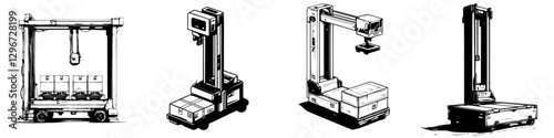 Hand drawn vector illustration showcasing various warehouse automation equipment in action