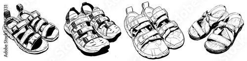 Hand drawn vector sketch of various styles of sandals for summer wear displayed on a neutral background