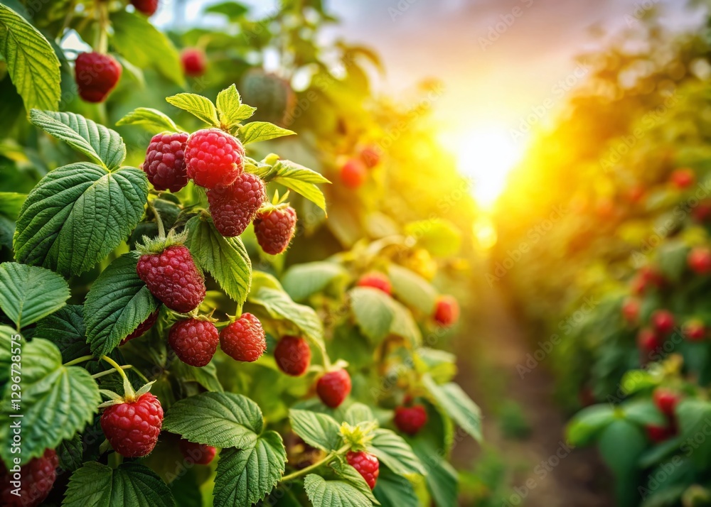 Obraz premium Panoramic View of Lush Raspberry Bushes Overflowing with Ripe Berries in a Sunny Garden