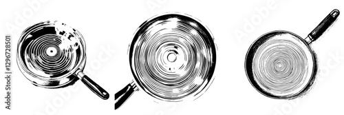 Hand drawn vector illustration of frying pans showing swirling patterns in the bottoms during cooking preparation