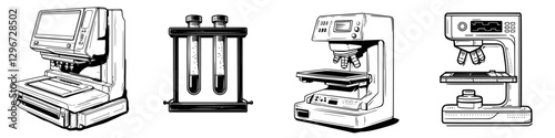 Hand drawn vector illustration of laboratory equipment including microscopes, analyzers, and other scientific instruments