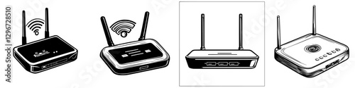 Hand drawn vector illustrations of various router designs showcasing different features and styles