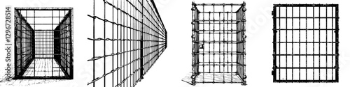 Hand drawn vector illustration of various perspectives of a cage structure with intricate detailing