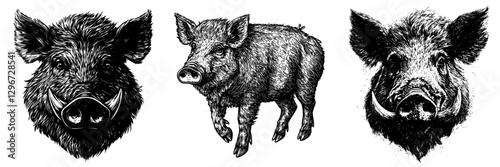 Hand drawn vector sketches of wild boars showcasing different angles and details in a forest setting