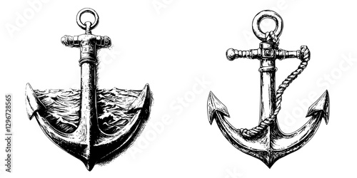 Hand draw vector illustration of two distinct anchors, showcasing classic nautical designs with detailed craftsmanship
