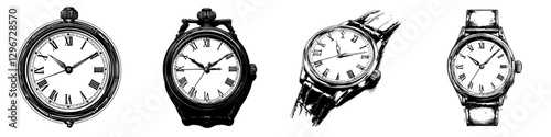 Vintage hand drawn vector illustration of four distinct watch designs showcasing different styles and features