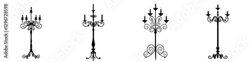 Elegant hand-drawn vector illustrations of ornate candelabras in various designs displayed side by side