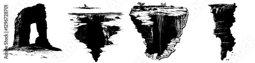 Hand drawn vector illustration of surreal landscapes with archways, pits, and abstract formations depicting a dreamlike environment