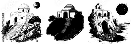 Hand drawn vector illustration of unique architectural structures against a celestial backdrop in a surreal landscape
