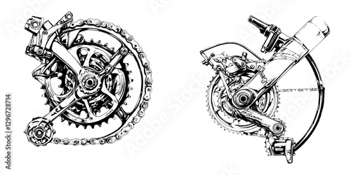 Hand drawn vector illustration of bicycle gear components showcasing intricate mechanical details and design elements