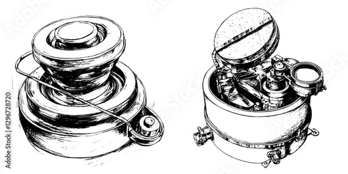 Hand-drawn vector illustration of a mechanical device with intricate components and detailed design