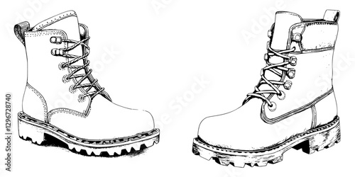 Hand drawn vector illustration of rugged hiking boots showcasing detailed design for outdoor enthusiasts and adventurers