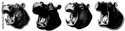 Black and white hand-drawn vector sketch of a yawning hippopotamus head with detailed features and expressions