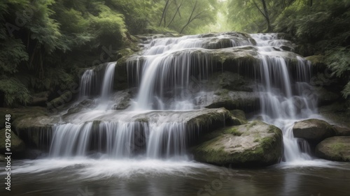 Serene Cascading Waterfall in Lush Green Forest Tranquil Nature Scene