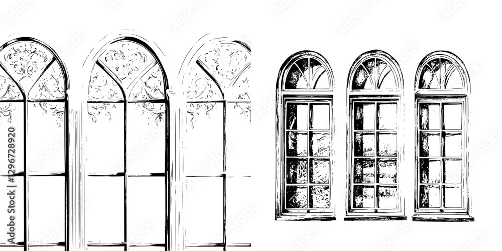 Hand drawn vector illustration of ornate windows showcasing detailed craftsmanship in an artistic black and white style