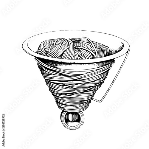 Unique hand drawn vector illustration of a yarn cone with intricate detailing, representing creativity in crafts and hobbies