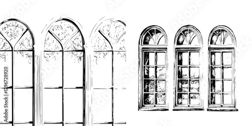 Hand drawn vector illustration of ornate windows showcasing detailed craftsmanship in an artistic black and white style