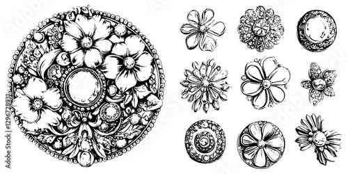 Hand drawn vector illustration of decorative floral designs featuring various shapes and embellishments