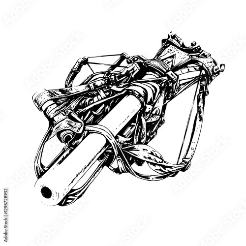 Hand-drawn vector illustration of a detailed mechanical device with intricate components and textures in monochrome style