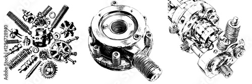 Detailed hand drawn vector illustration of mechanical components and gears arranged creatively in a sketch style