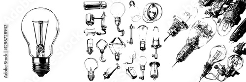 Hand-drawn vector illustration of various light bulbs and lamp components in a sketch style