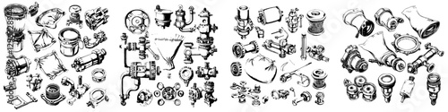 Hand drawn vector illustration showcasing a diverse collection of plumbing components and fittings in a detailed sketch format