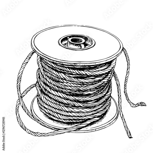 Hand drawn vector illustration of a spool of rope with detailed detailing and intricate lines in a sketch style