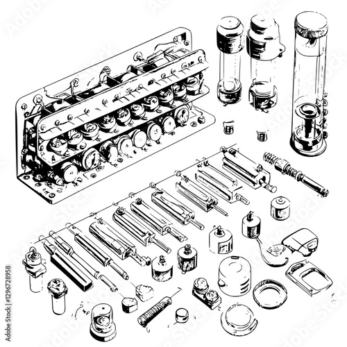 Hand drawn vector illustration of vintage machinery components arranged methodically on a flat surface