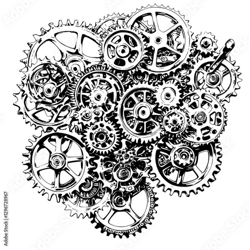 Detailed hand-drawn vector illustration showcasing an intricate arrangement of mechanical gears and cogs in a compact design