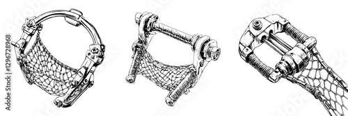 Hand drawn vector illustration of a mechanical device with intricate details and components showcased from multiple angles