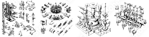Detailed hand-drawn vector illustration of mechanical components and engineering systems in a technical layout