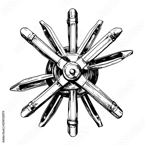 Detailed hand-drawn vector illustration of an artistic wheel with eight spokes and fine line work showcasing craftsmanship